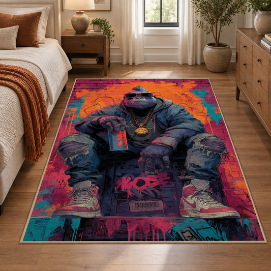 Streetwear Gorilla Portrait area rug displayed in a bedroom
