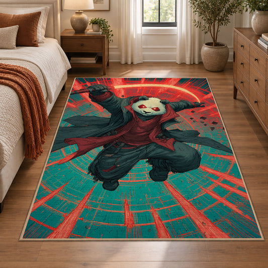 Skateboard Gorilla Art area rug displayed in a bedroom