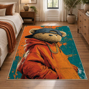 Orange Hoodie Gorilla area rug displayed in a bedroom