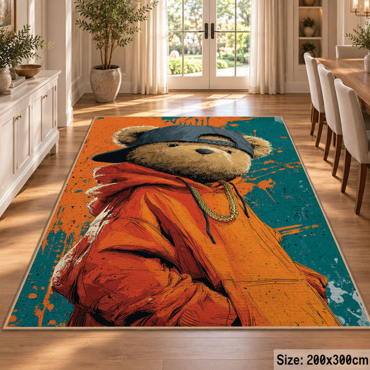 Orange Hoodie Gorilla area rug displayed in a dining room