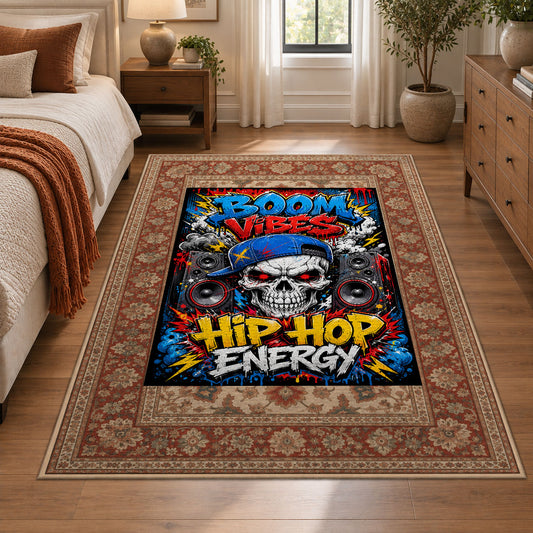 Hip Hop Energy Border area rug displayed in a bedroom