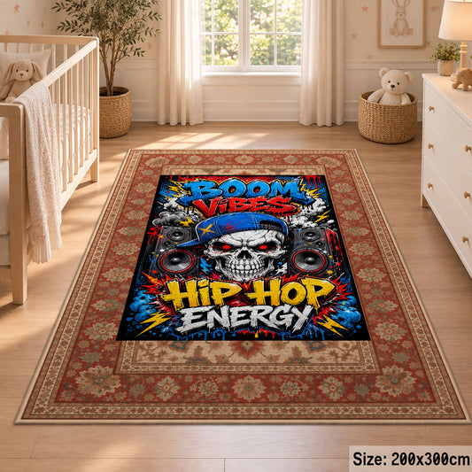 Hip Hop Energy Border area rug displayed in a nursery