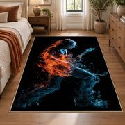Fiery Guitar Player area rug displayed in a bedroom