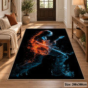 Fiery Guitar Player area rug displayed in a entryway