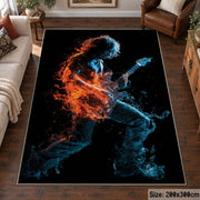 Fiery Guitar Player area rug displayed in a living room