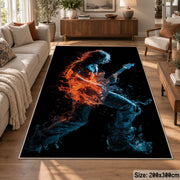 Fiery Guitar Player area rug displayed in a lounge