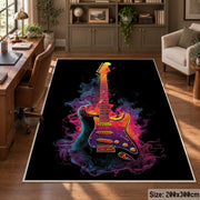Flaming Electric Guitar area rug displayed in a home office