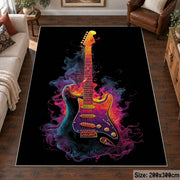 Flaming Electric Guitar area rug displayed in a living room