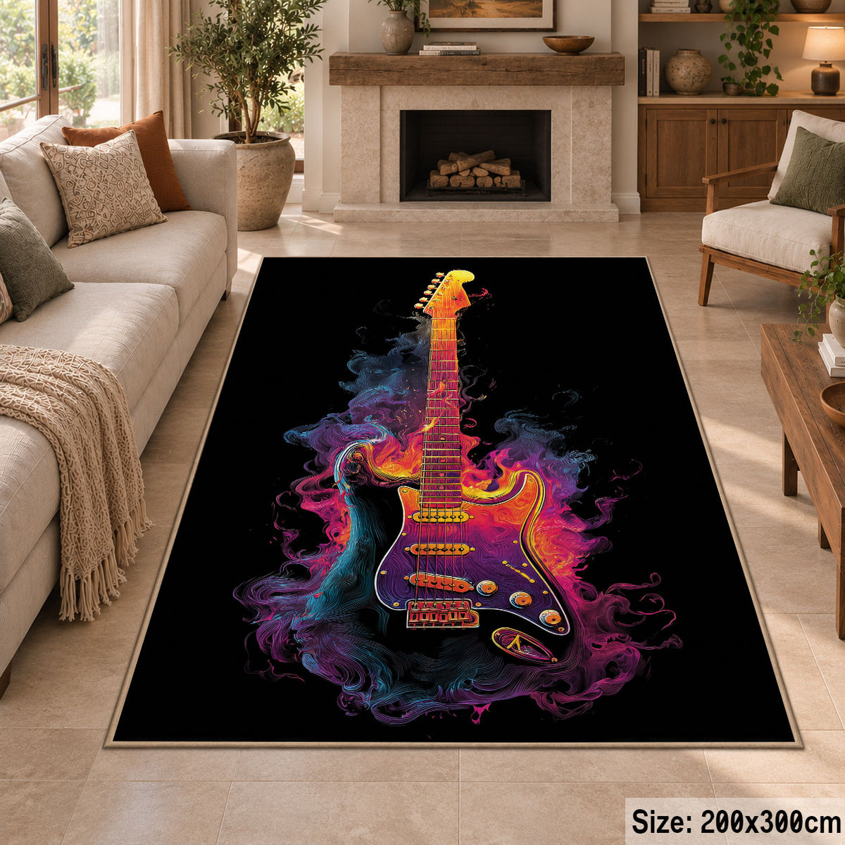 Flaming Electric Guitar area rug displayed in a sitting room