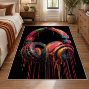 Rainbow Headphones Glow area rug displayed in a bedroom