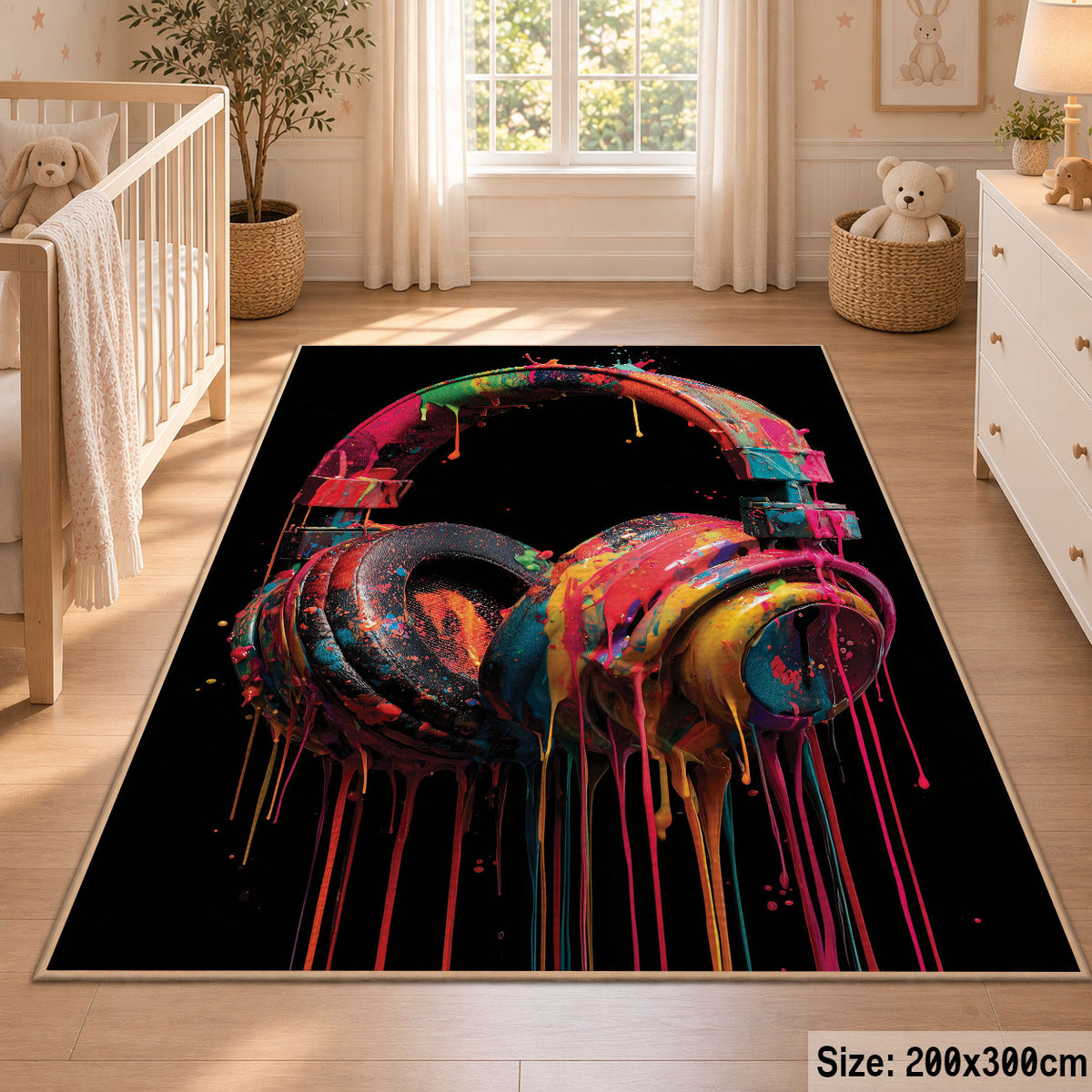 Rainbow Headphones Glow area rug displayed in a nursery