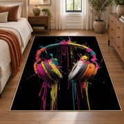Neon Headphones Glow area rug displayed in a bedroom