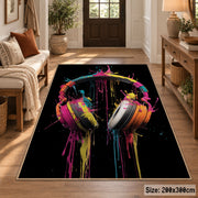 Neon Headphones Glow area rug displayed in a entryway
