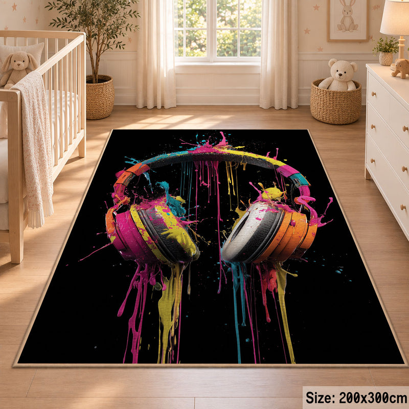 Neon Headphones Glow area rug displayed in a nursery