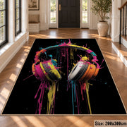 Neon Headphones Glow area rug displayed in a foyer