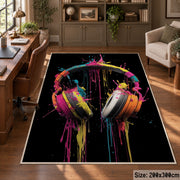 Neon Headphones Glow area rug displayed in a home office