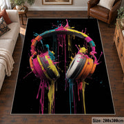 Neon Headphones Glow area rug displayed in a living room