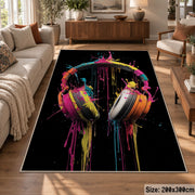 Neon Headphones Glow area rug displayed in a lounge