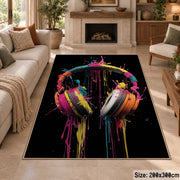 Neon Headphones Glow area rug displayed in a sitting room