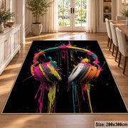 Neon Headphones Glow area rug displayed in a dining room