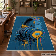 Blue Headphones Paint area rug displayed in a home office