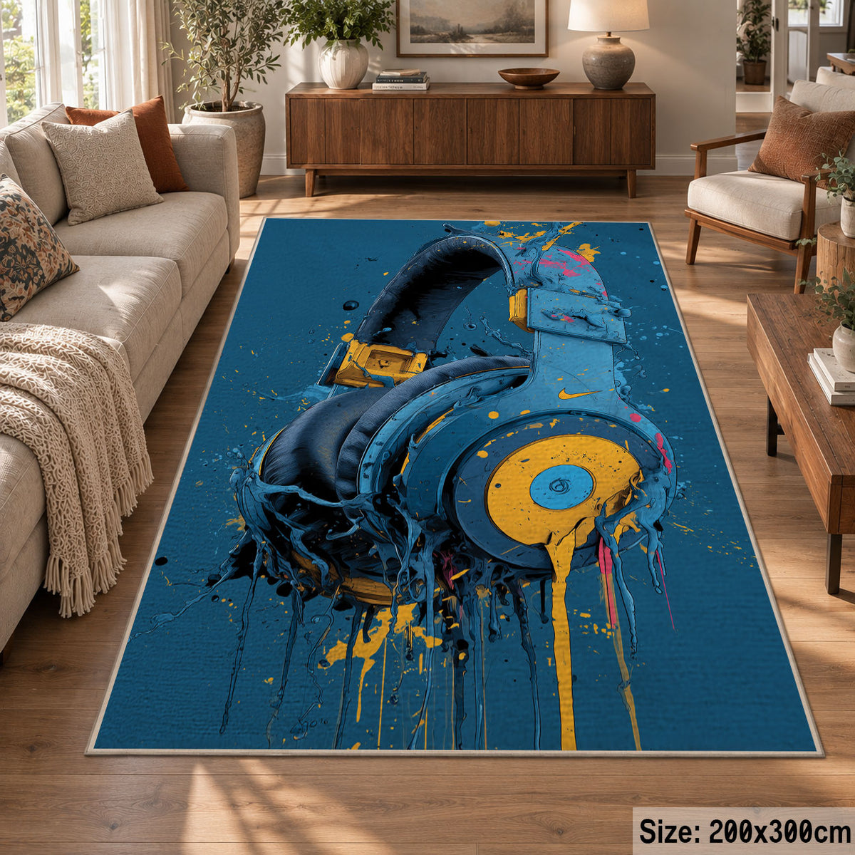 Blue Headphones Paint area rug displayed in a lounge