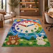 Colorful learning clock rug with numbered clock face in a bright living room
