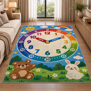 Rainbow learning clock rug with a bear and bunny in a sunlit lounge beside a sofa