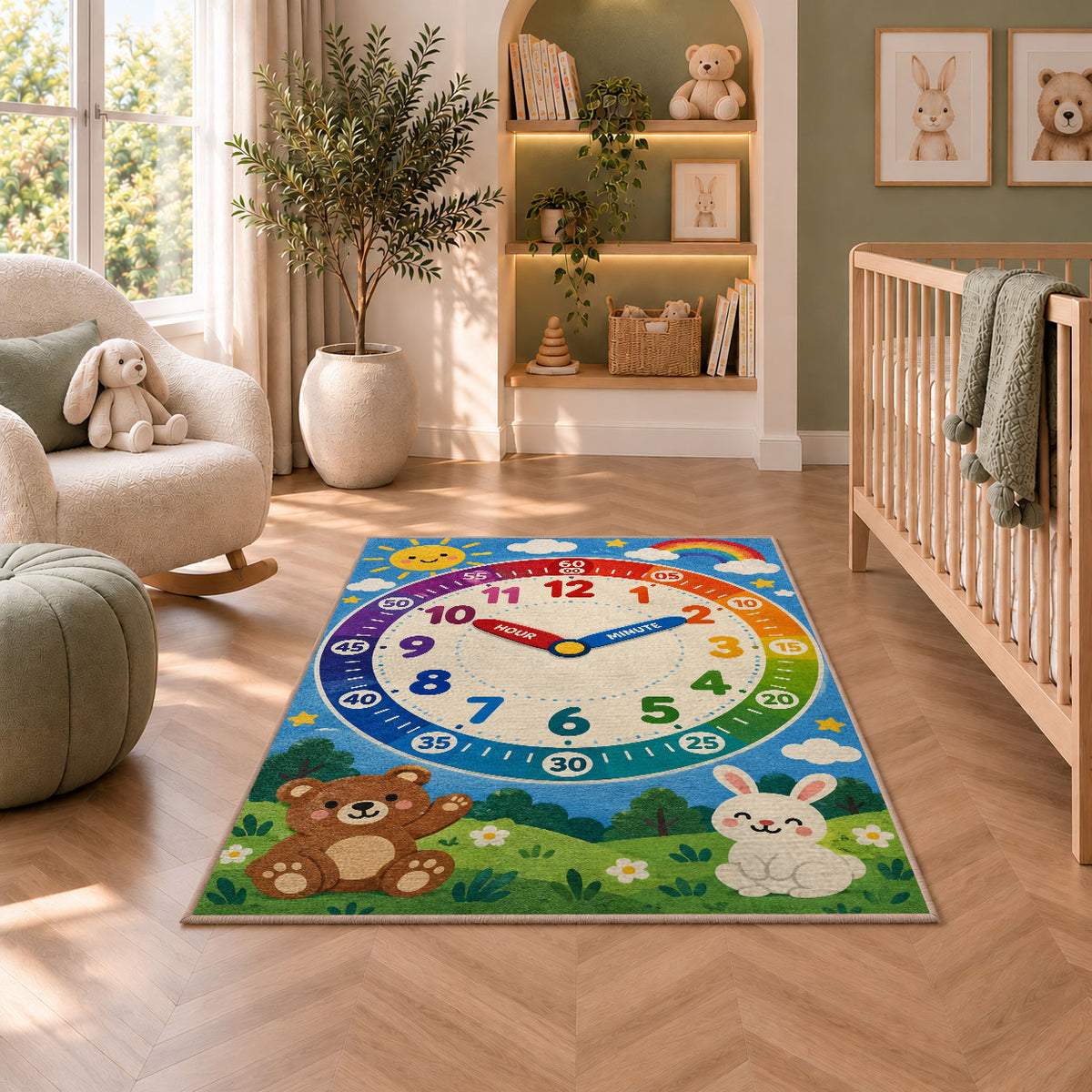 Rainbow learning clock rug with a bear and bunny in a nursery beside an upholstered chair