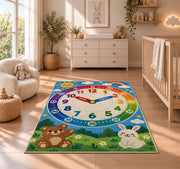 Rainbow learning clock rug with a bear and bunny in a nursery beside a crib