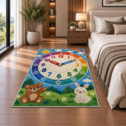Rainbow learning clock rug with a bear and bunny in a bedroom beside the bed