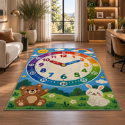 Rainbow learning clock rug with a bear and bunny in a lounge with wooden shelves