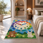 Rainbow learning clock rug with a bear and bunny in a bedroom in sunlight