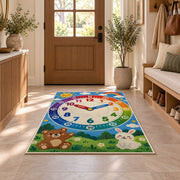Rainbow learning clock rug with a bear and bunny in a entryway beside a wooden door