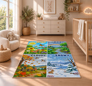 weather landscape learning rug displayed in a nursery beside a crib