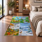 weather landscape learning rug displayed in a bedroom beside the bed
