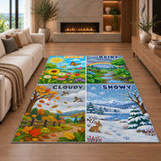 weather landscape learning rug displayed in a living room with a fireplace