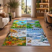 weather landscape learning rug displayed in a lounge with wooden shelves