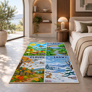 weather landscape learning rug displayed in a bedroom in sunlight