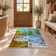 weather landscape learning rug displayed in a entryway beside a wooden door