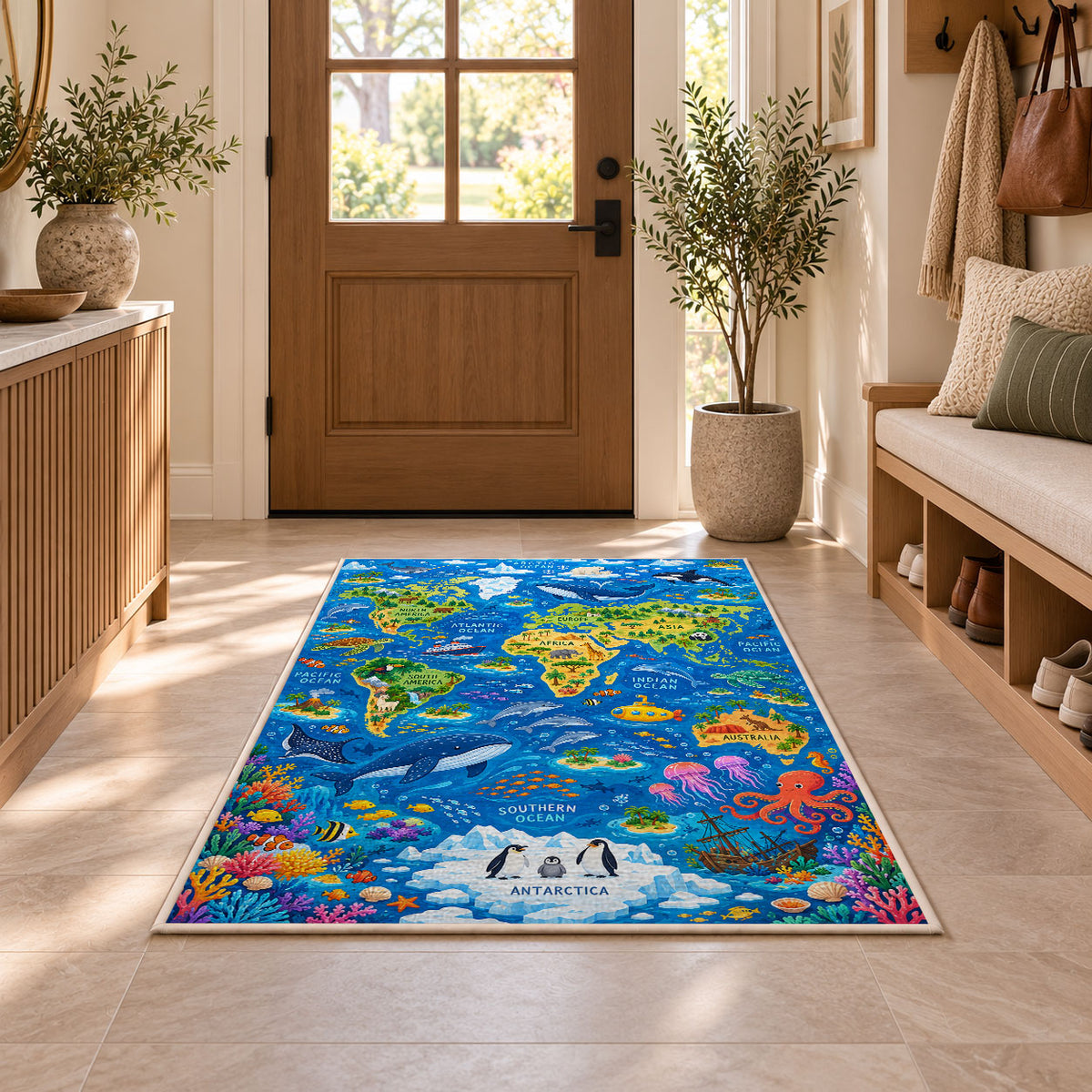 Blue world map rug with ocean animals and colorful coral in a entryway beside a wooden door