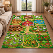 farm counting learning map rug displayed in a sunlit lounge beside a sofa