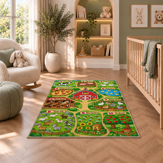 farm counting learning map rug displayed in a nursery beside an upholstered chair