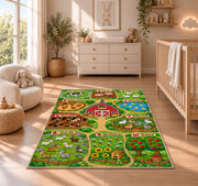 farm counting learning map rug displayed in a nursery beside a crib