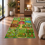 farm counting learning map rug displayed in a bedroom beside the bed