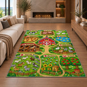 farm counting learning map rug displayed in a living room with a fireplace
