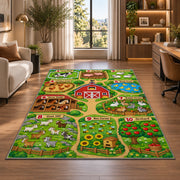 farm counting learning map rug displayed in a lounge with wooden shelves