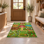 farm counting learning map rug displayed in a entryway beside a wooden door