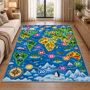 world map number adventure rug displayed in a sunlit lounge beside a sofa