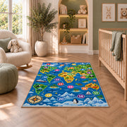 world map number adventure rug displayed in a nursery beside an upholstered chair